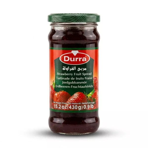 Enhanced Front of Durra Strawberry Fruit Spread jar showing label and strawberries
