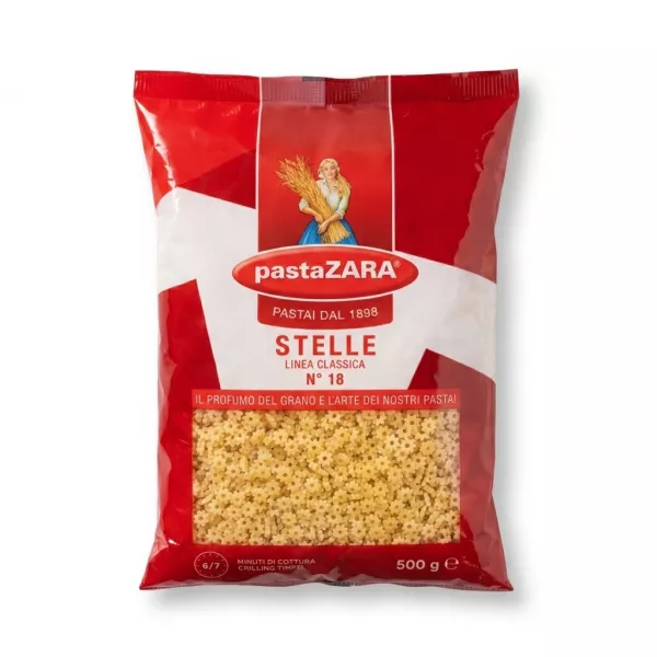 Enhanced Front view of pastaZARA Stelle star-shaped pasta 500g pack