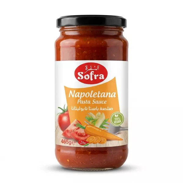 Enhanced Front of Sofra Napoletana Pasta Sauce 465g jar held in hand