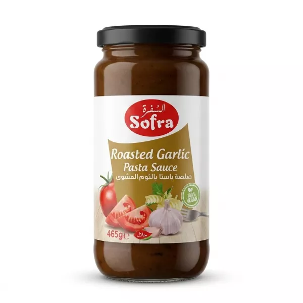 Enhanced Front label of Sofra Roasted Garlic Pasta Sauce jar 465g