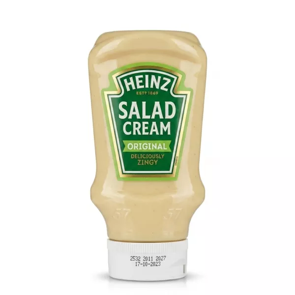 Enhanced Front of Heinz Salad Cream Original 425g bottle held in hand