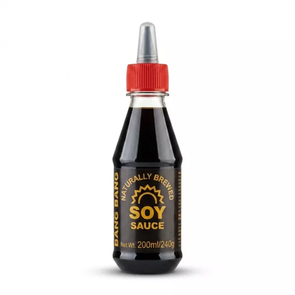 Enhanced Front of Bang Bang Naturally Brewed Soy Sauce 200ml bottle with red cap