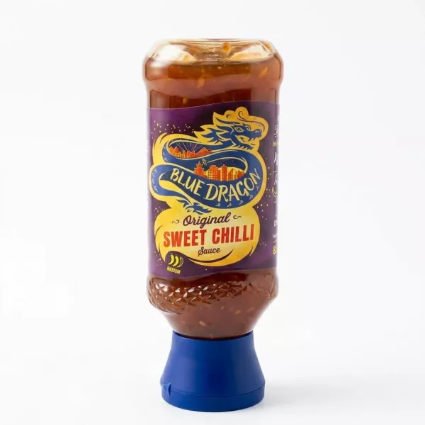 Enhanced Front of Blue Dragon Original Sweet Chilli Sauce bottle in hand