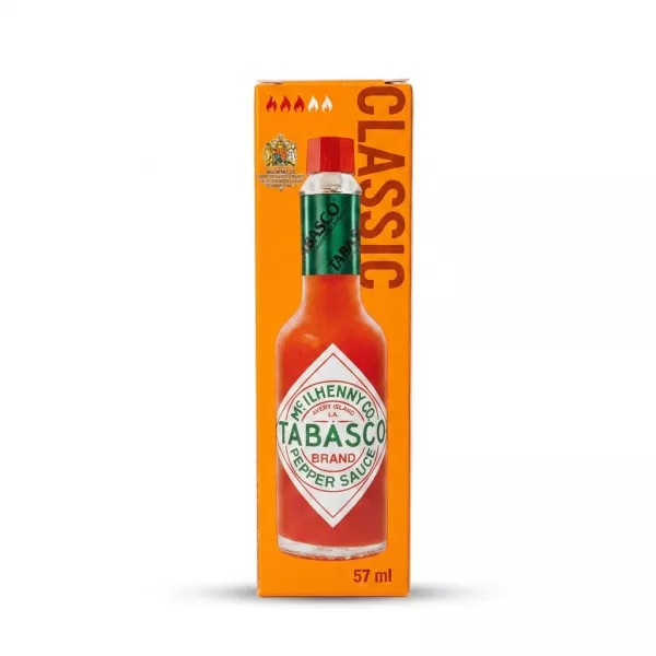Enhanced Front of Tabasco Classic Pepper Sauce 57ml box in hand