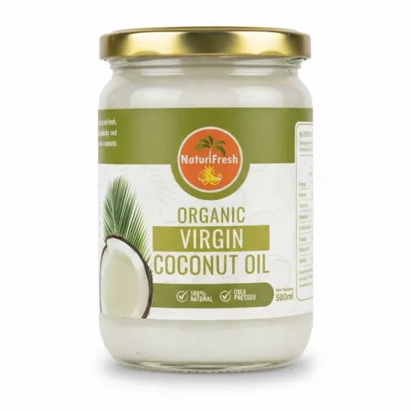 Jar of NaturiFresh Organic Virgin Coconut Oil with gold lid on a white background