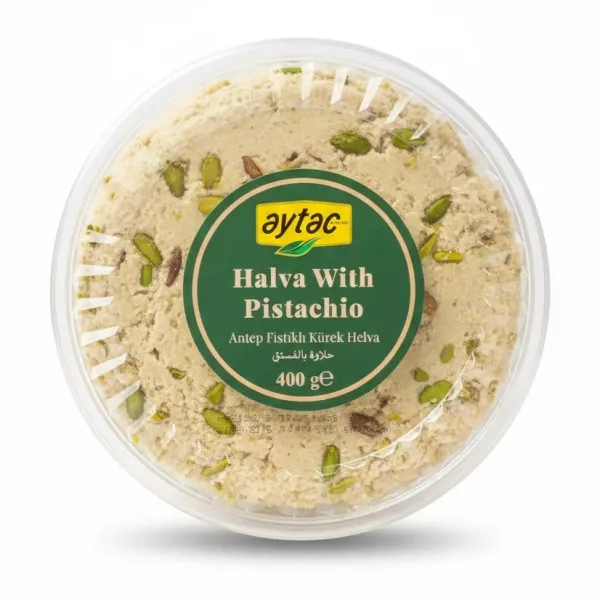Top view of Aytac Pistachio Halva in clear resealable container showing pistachio pieces
