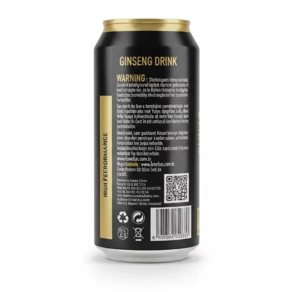 Back view of Love Fun Ginseng Energy Drink can with nutrition facts