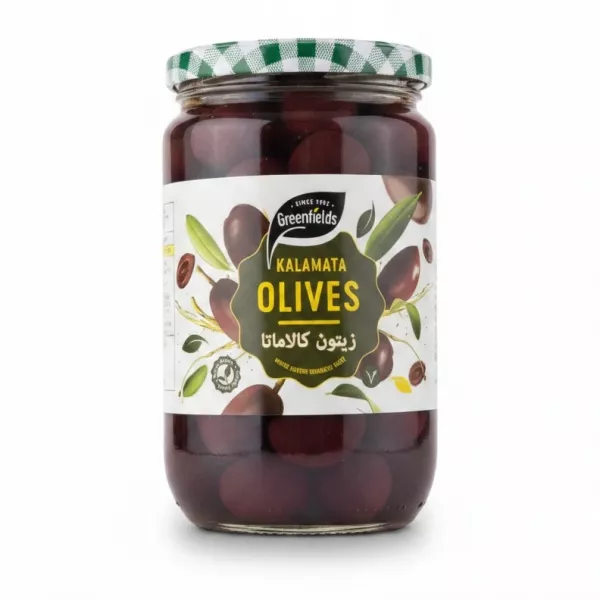 Jar of Greenfields Kalamata Olives showing label and olives inside