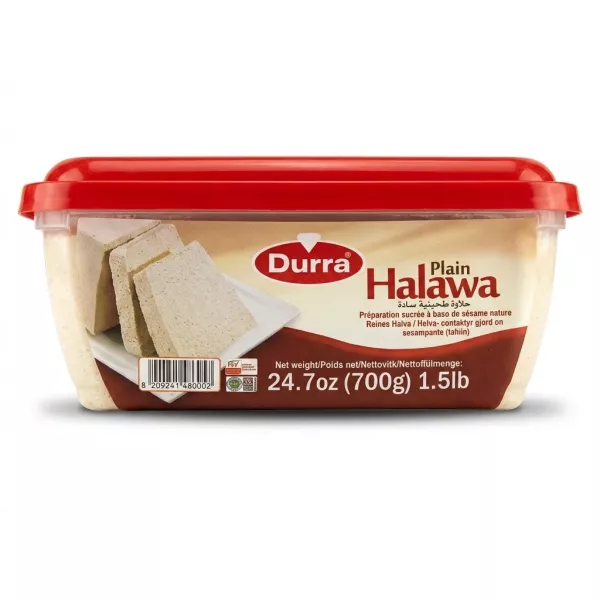 Enhanced Side view of Durra Plain Halawa 700g tub showing product label