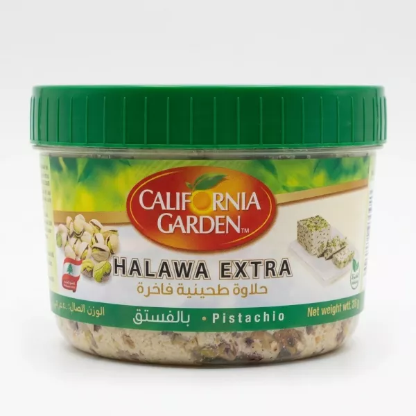 A 400g tub of California Garden Halawa Pistachio Extra, featuring a green lid and detailed packaging, centered on a clean white background with soft, symmetrical shadows. The labels are sharp and legible, showing the product name and a cluster of green pistachios.
