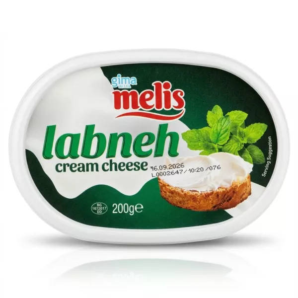 Enhanced Front view of Melis Labneh Cream Cheese 200g tub held in hand