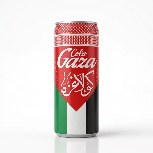 Enhanced Front of Gaza Cola 250ml can with Palestinian flag colours