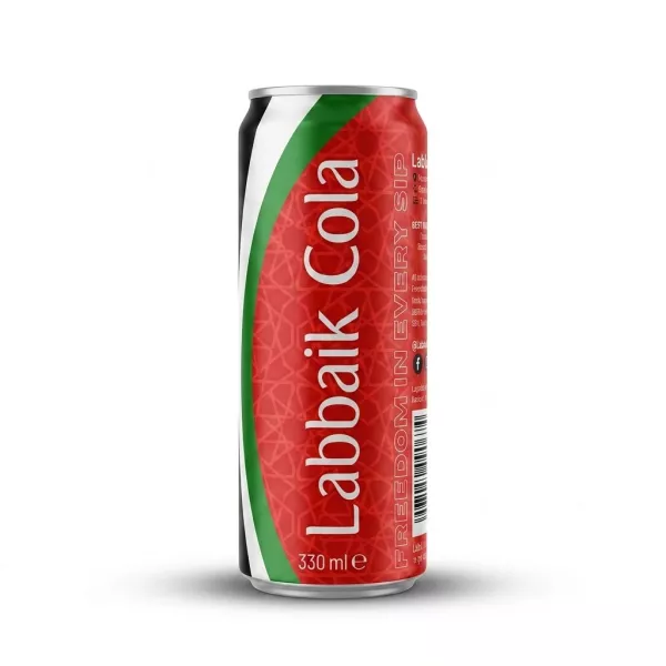 Enhanced Front of Labbaik Cola 330ml can held in hand in supermarket