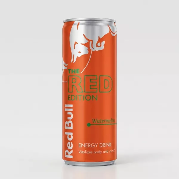 Enhanced Front view of Red Bull Red Edition Watermelon energy drink can