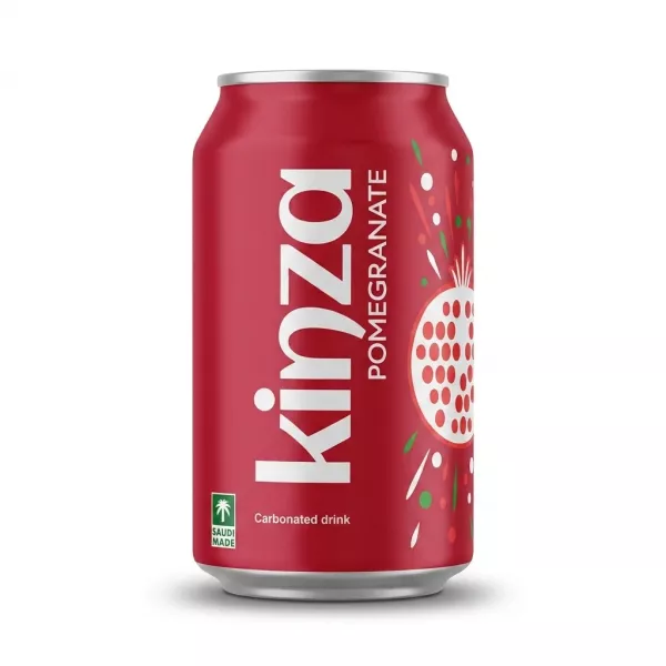 Enhanced Hand holding Kinza Pomegranate carbonated drink can in a grocery aisle