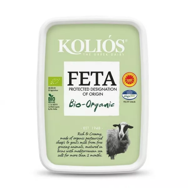 Enhanced Front of Kolios Bio-Organic Feta Cheese packaging showing organic and PDO certification