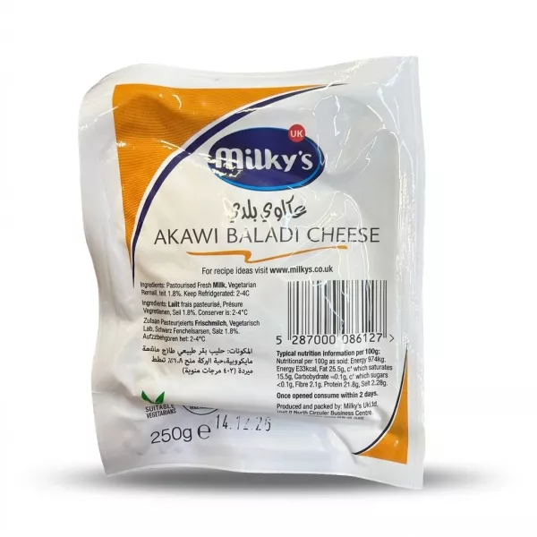 Enhanced Front packaging of Milky's Akawi Baladi Cheese 250g with label and barcode