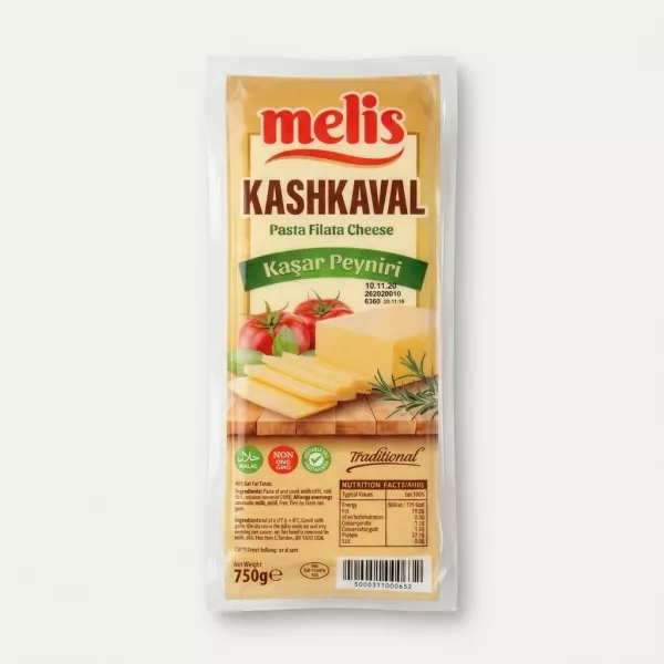 Enhanced Front view of Melis Kashkaval Cheese 750g packaging