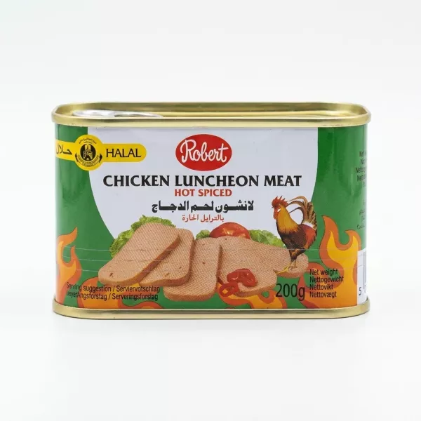 Enhanced Front of Robert Hot Spiced Chicken Luncheon Meat 200g tin showing label and halal certification