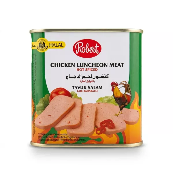 Enhanced Front of Robert Hot Spiced Chicken Luncheon Meat tin 340g with halal logo and product illustration