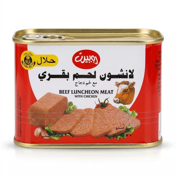 A 1:1 e-commerce photo of a Robert Halal Beef Luncheon Meat can against a clean white background. The front of the red and white can features a cow illustration, slices of the product, and text in both English and Arabic.