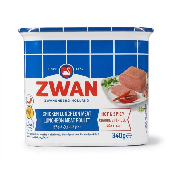 A 340g tin of Zwan Hot & Spicy Chicken Luncheon Meat, isolated on a white background with a clean, centered presentation.