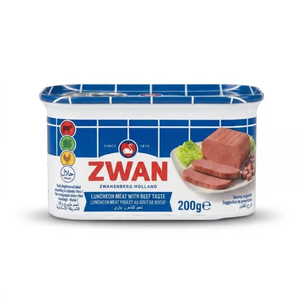 Enhanced Front view of Zwan Luncheon Meat with Beef Taste 200g can