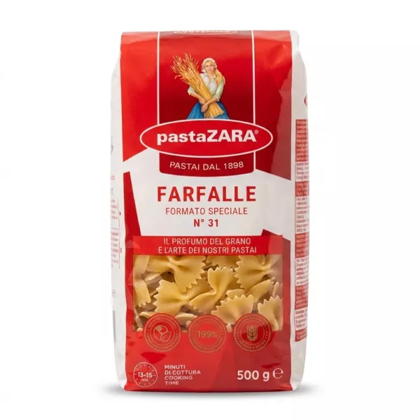 Enhanced Front view of Pasta Zara Farfalle No. 31 500g bag