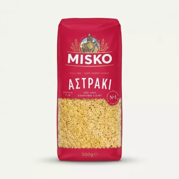 Enhanced Front of Misko Astraki Stelline Greek Pasta 500g package held in hand