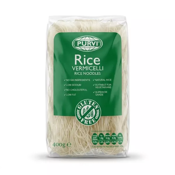 Enhanced Front of Purvi Rice Vermicelli Noodles 400g pack on supermarket shelf