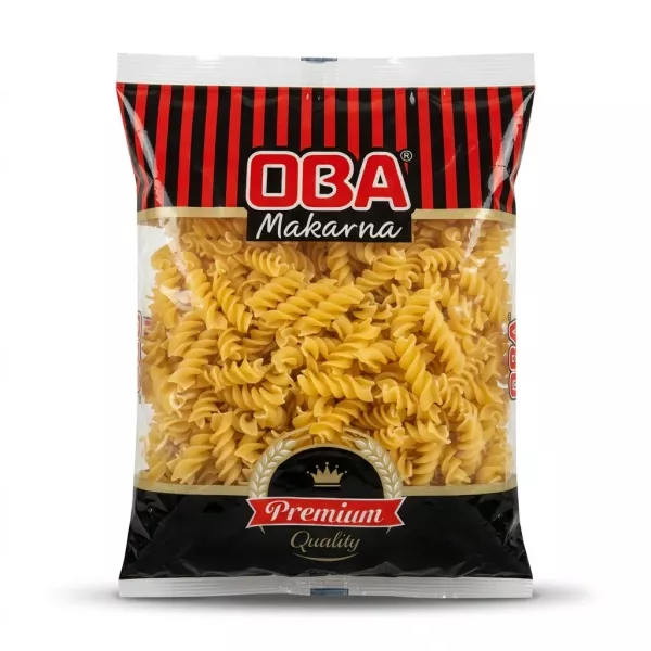 Enhanced Front view of OBA Big Fusilli Pasta Premium in clear and black packaging