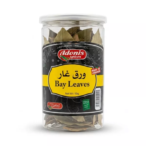 Enhanced Front view of Adonis Spices Bay Leaves 50g tub