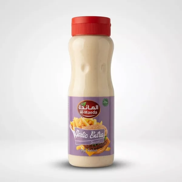 Enhanced Front of Al-Maeda Garlic Extra Sauce 500ml bottle with red cap
