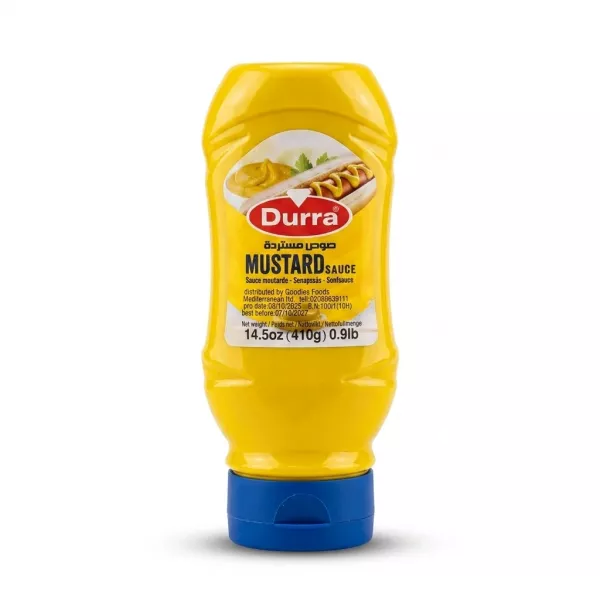 Enhanced Front view of Durra Mustard Sauce 410g in a yellow squeezy bottle