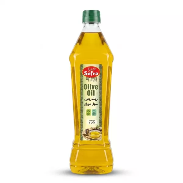 Enhanced Front view of Sofra Olive Oil 1 Litre bottle on a shelf