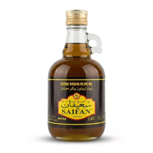 Enhanced Saifan Extra Virgin Olive Oil front label in glass bottle