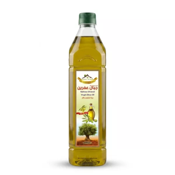 A 1-liter glass bottle of Gibal Afrin Virgin Olive Oil, as seen from the front with a clear label, showing olive trees and a decanter, centered on a white background with a soft shadow and sharp focus. PRODUCT TITLE: Gibal Afrin Virgin Olive Oil - Halal Certified 1L