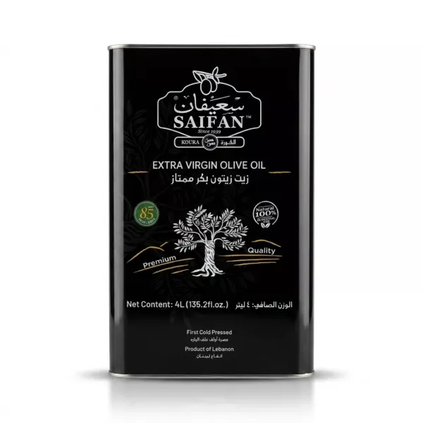 Enhanced Front label of Saifan Extra Virgin Olive Oil 4 litre tin showing premium quality and Lebanese origin