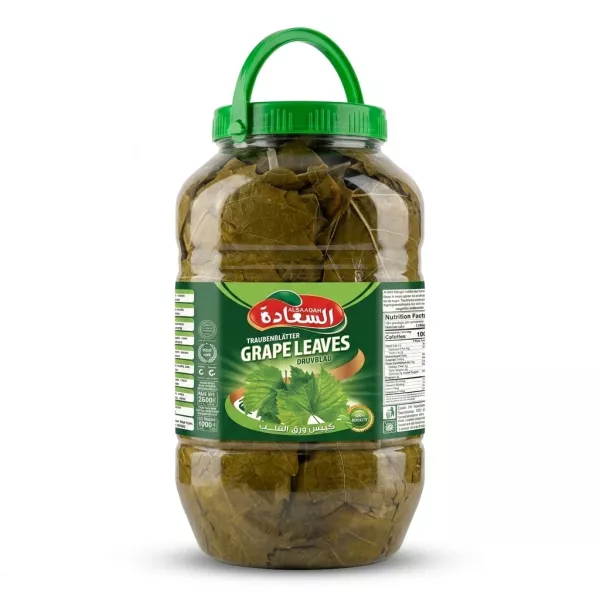 Enhanced Large jar of Alsaadah Grape Leaves with green lid and label