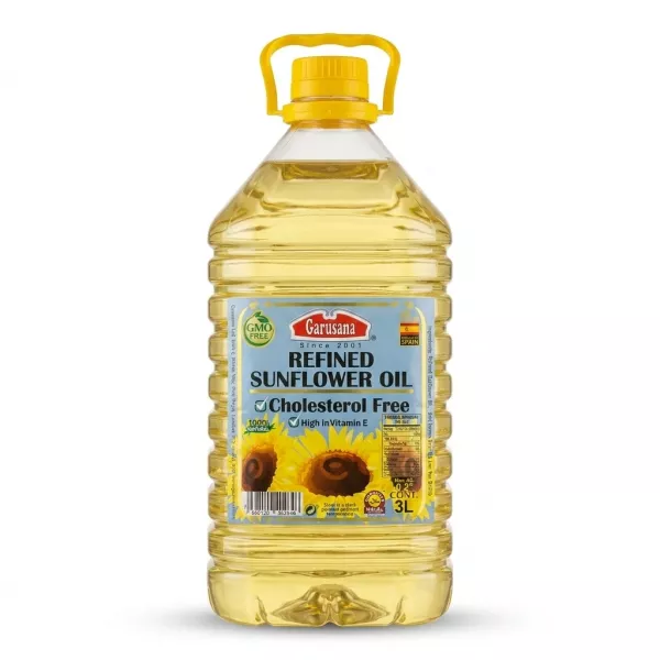 A 3-liter bottle of Garusana Refined Sunflower Oil is shown on a white background. The front label features sunflowers and text indicating it is Cholesterol Free, High in Vitamin E, and GMO Free, with a Halal certification.