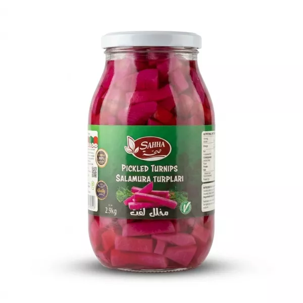 Enhanced Sahha Pickled Turnips 2.9kg jar with vibrant pink turnip slices and green label