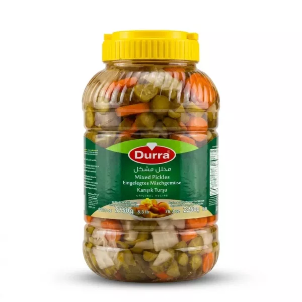A 3750g large glass jar of Durra Mixed Pickles, featuring various vegetables like carrots and cucumbers, is presented in a clean, professional studio shot against a white background with a soft, even shadow.