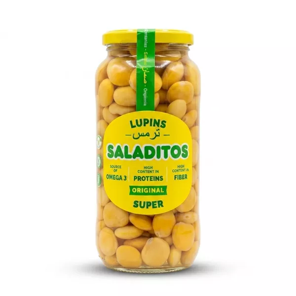 Enhanced Front label of Saladitos Lupins Original Super jar with nutritional claims