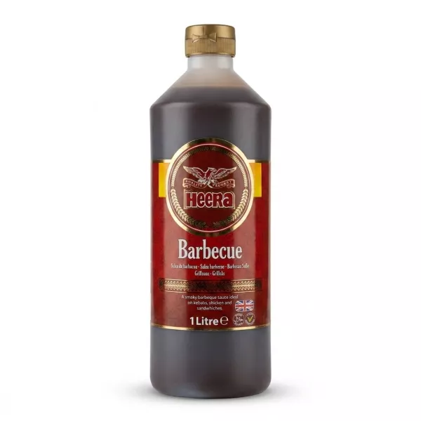 Enhanced Front view of Heera Barbecue Sauce 1 Litre bottle held in hand