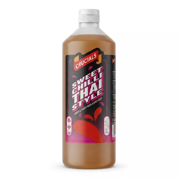 Enhanced Front label of Crucials Sweet Chilli Thai Style Sauce 1 Litre bottle