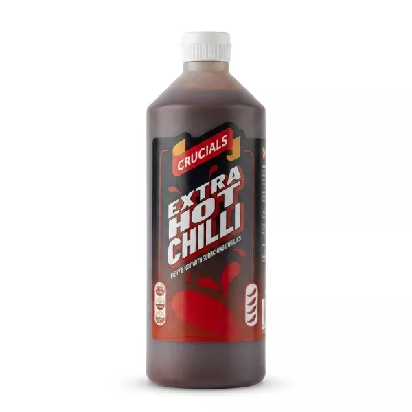 Enhanced Front of Crucials Extra Hot Chilli Sauce 1L bottle