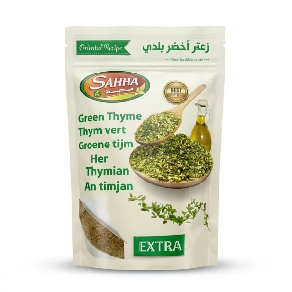 Enhanced Front of Sahha Green Thyme Extra packaging showing herbs and ingredients