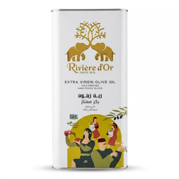 Enhanced Front view of Rivière d'Or Extra Virgin Olive Oil tin showing logo and design