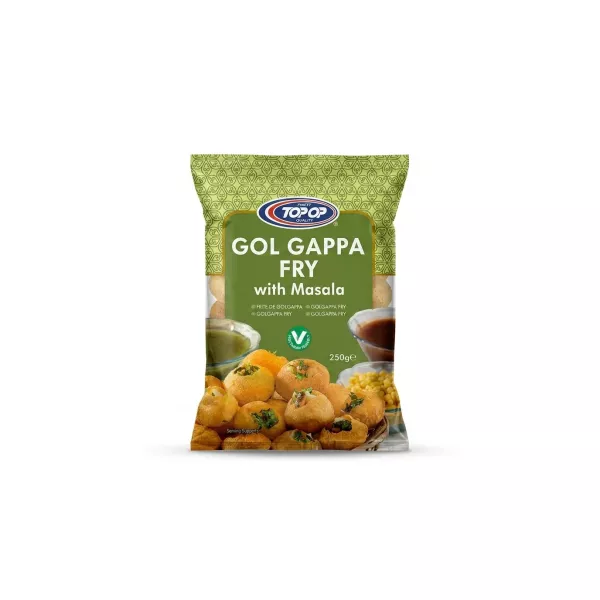 A 250g packet of Top Op Gol Gappa Fry with Masala, featuring a green design and images of prepared pani puri with chutneys, presented on a clean white background.