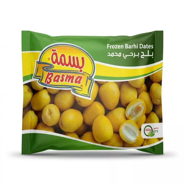Enhanced Front of Basma Frozen Barhi Dates 400g pack showing yellow dates